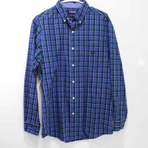 Chaps Easy Care Mens Plaid Button Down Shirt Mens Size M Blue Green Long Sleeve - Picture 1 of 5